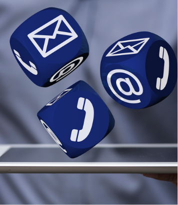 Imagem contextualizando a sessão de contato, sendo três dados da cor azul escuro com os lados possuindo ícones de email, telefone ou carta.